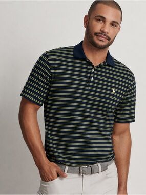 Polo Golf Ralph Lauren Shirt Mens Navy Yellow Striped Performance Polo Medium
